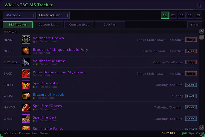 Wick's TBC BIS Tracker in game