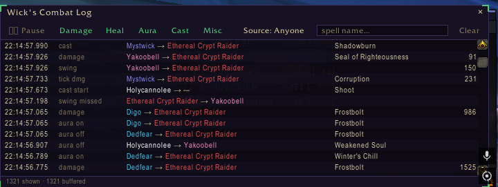 Wick's Combat Log in game