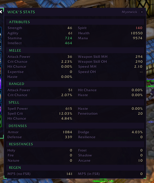 Wick's Stats in game