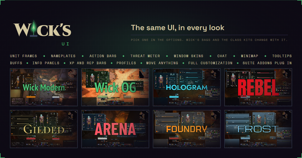 Wick's UI: the same interface in eight looks, Wick Modern, Wick OG, Hologram, Rebel, Gilded, Arena, Foundry and Frost. Unit frames, nameplates, action bars, threat meter, window skins, chat, minimap, tooltips, buffs, info panels, XP and rep bars, profiles, move anything, full customization, and suite addons plug in.