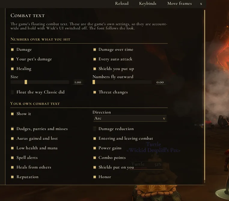 The Combat text settings page.