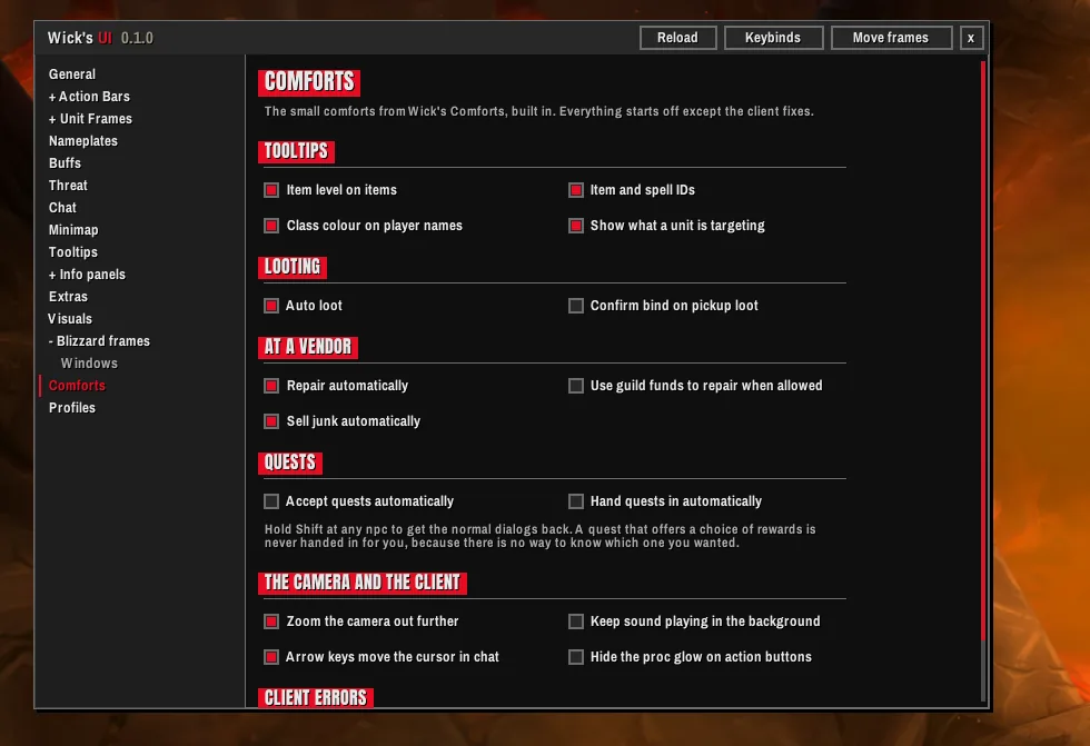 The Comforts settings page.